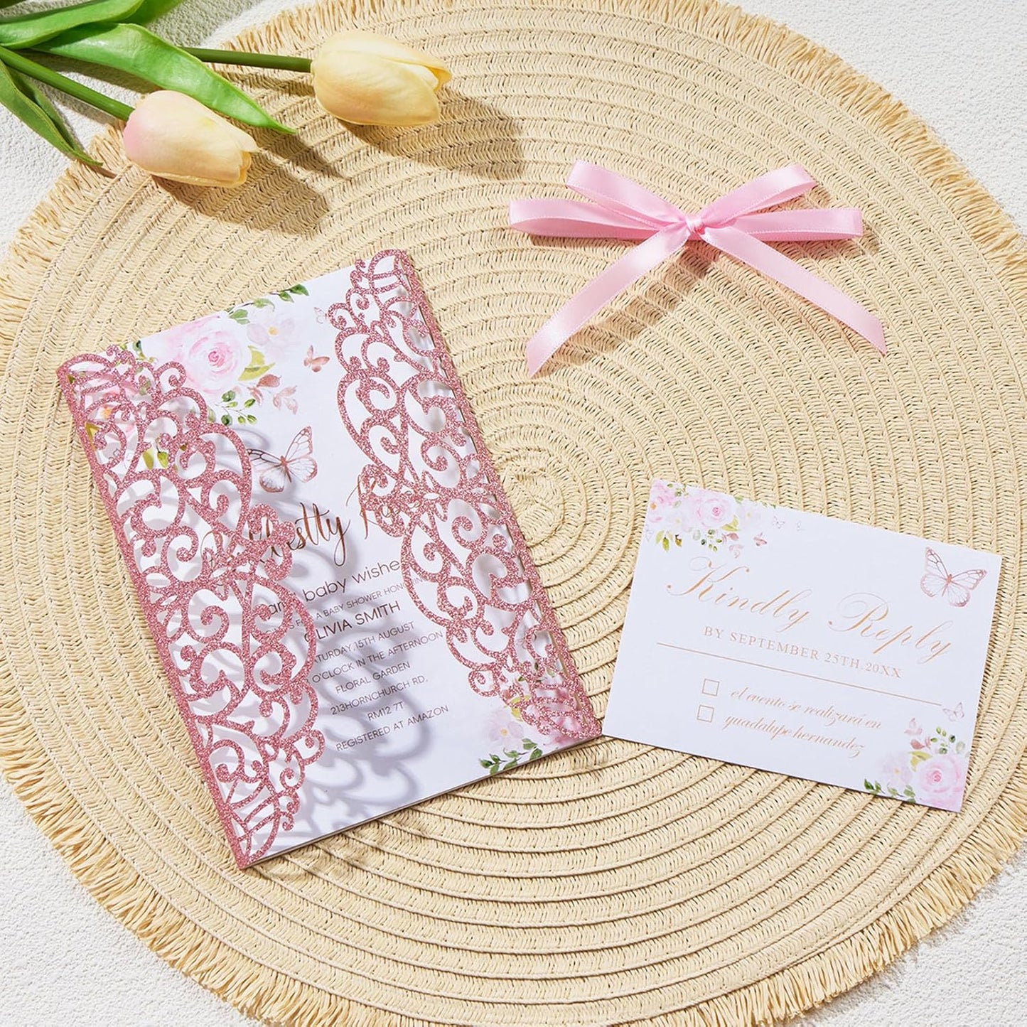 25pcs Glitter Laser Cut Wedding Invitation Kits Pink Personalized Invitation Pockets 5×7 Invitations with Envelopes and RSVP Cards Blank for Wedding Quinceanera Bridal Shower Engagement Birthday Party