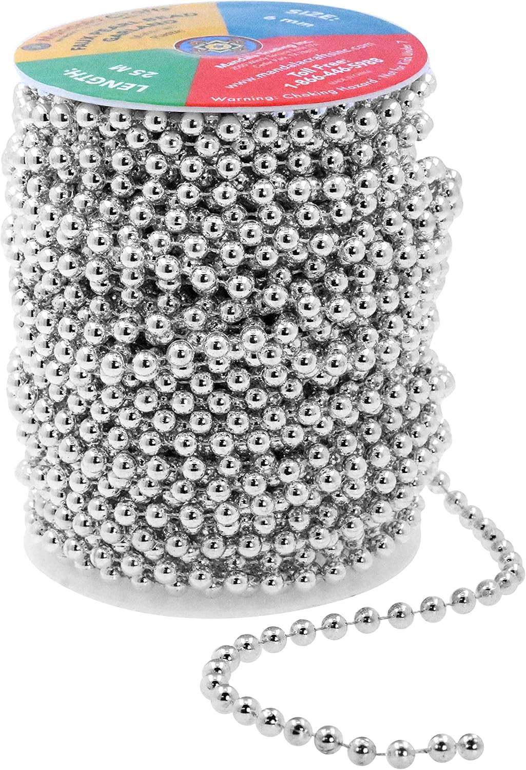 Mandala Crafts 6mm Faux Metallic Silver Pearl Beads Roll - 27 Yards Strand of Fake Pearls Chain Garlands Spool String for Christmas Tree, Wedding, Party, Vases, DIY Decoration