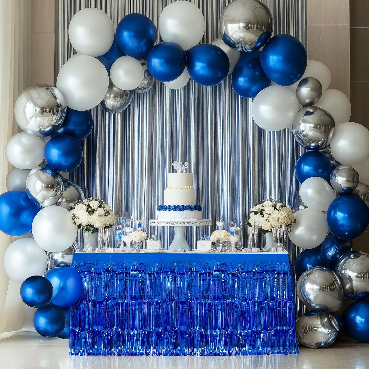 3 Pack Blue Series Table Skirts, 29x108" Metallic Foil Tinsel Fringe Table Skirt for Rectangle Tables Streamer Curtains Backdrop, Party Decorations for Birthdays, Weddings, Holidays