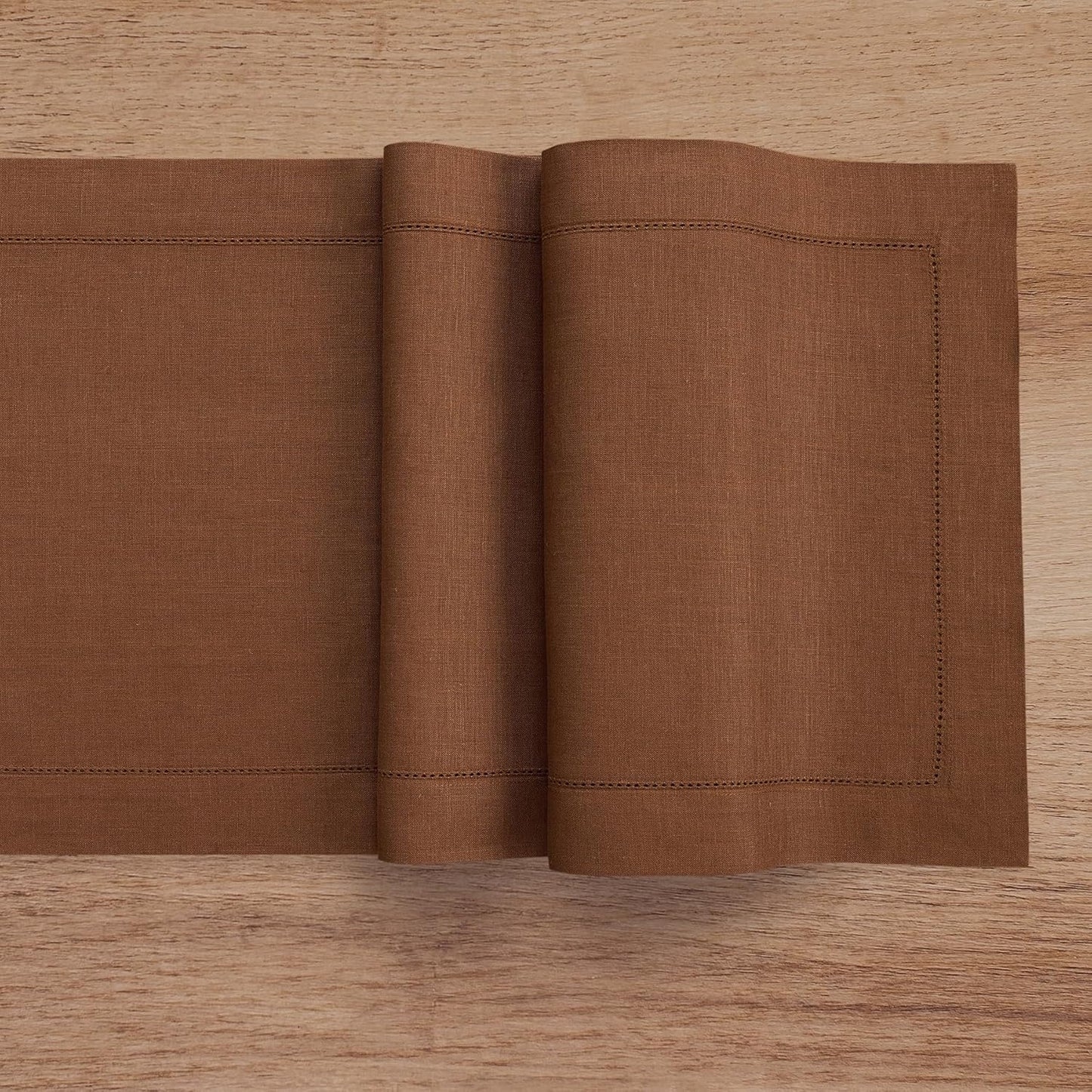 Solino Home Linen Brown Table Runner 36 Inches - Classic Hemstitch, 100% Pure Linen Coffee Table Runner 14 x 36 Inch Ideal for Dresser Tables, Fall, Autumn, Thanksgiving