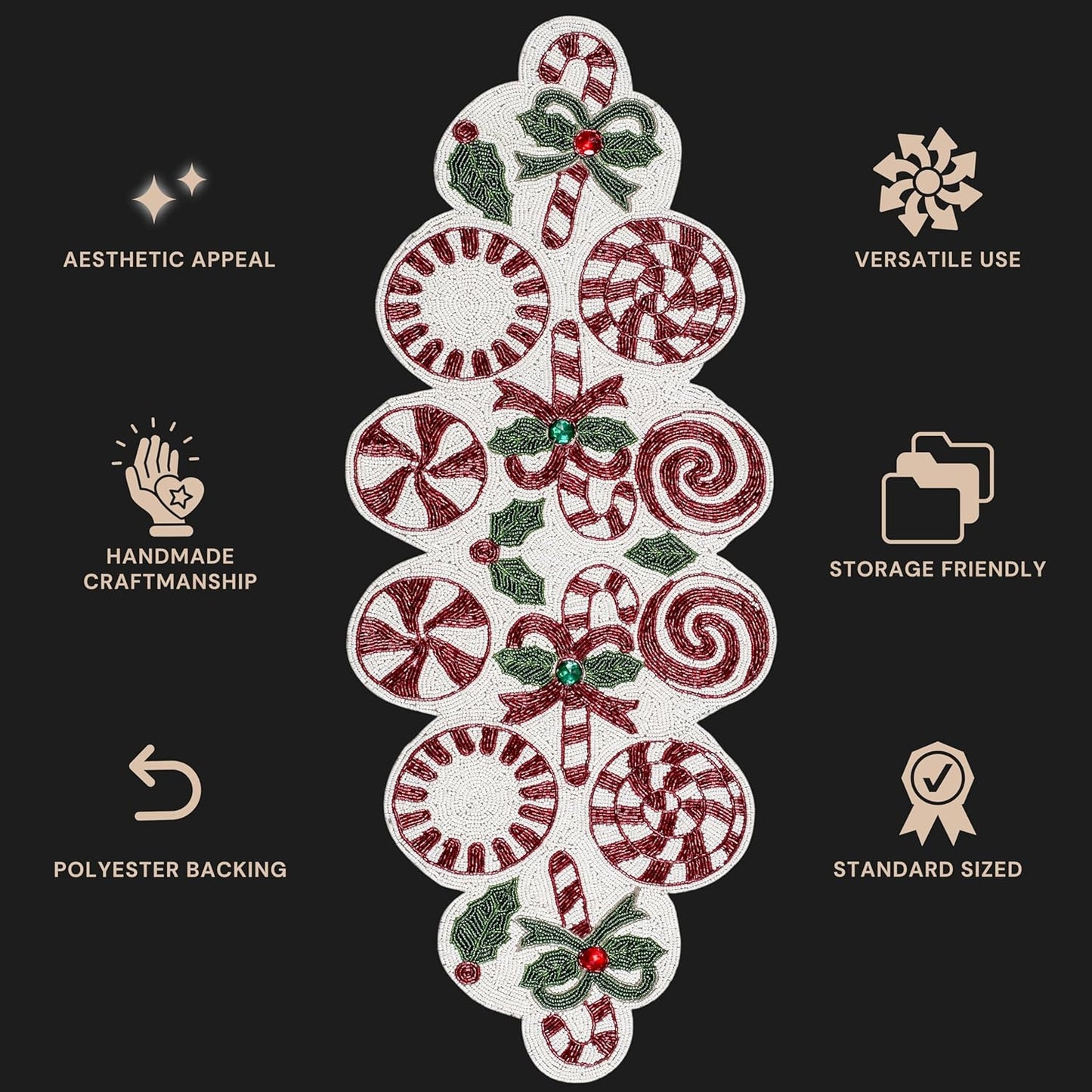 CLEENTABLE Handcrafted Beaded Table Runner – 36"x13" Art Deco Home Decor & Luxury Dinner Table Centerpiece in Vibrant Cherry Reddish with 85% Glass Beads, Durable Polyester Backing