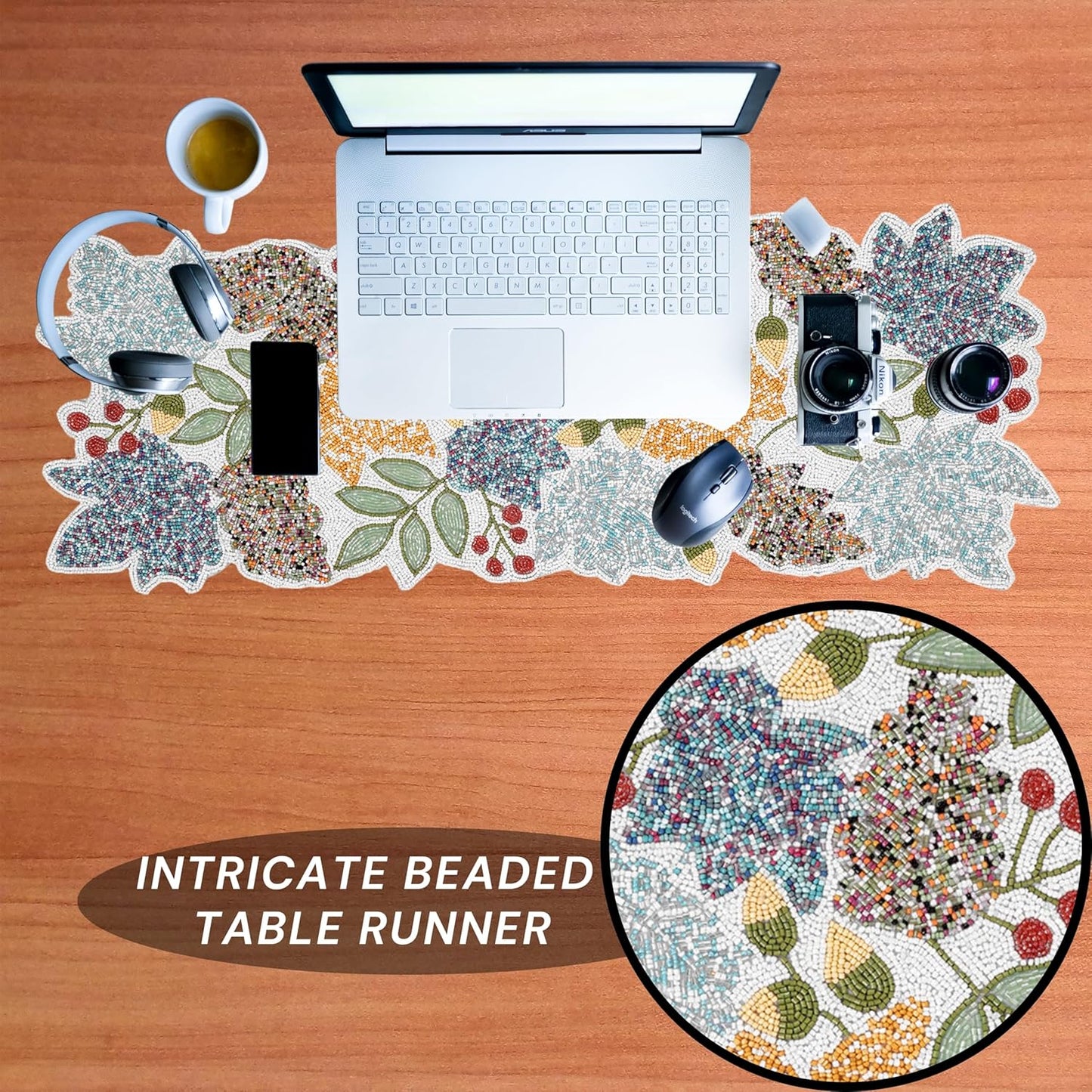 Boho Beaded Table Runner - 36" Handcrafted Glass Beads Floral Design with Durable Non-Slip Polyester Backing for Dining, Coffee Table & Special Occasions (Multi) - CLEENTABLE