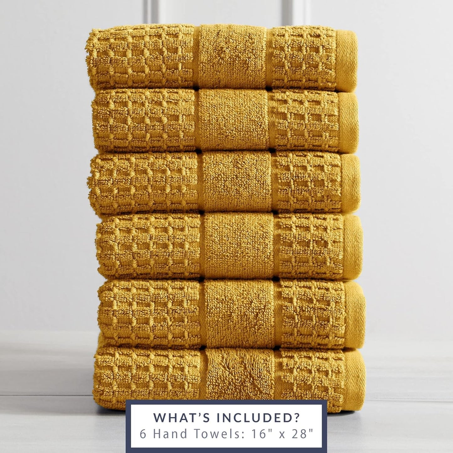 100% Cotton Super Soft Luxury Hand Towel Set | Quick-Dry and Highly Absorbent | Waffle Textured | 550 GSM | Includes 6 Hand Towels | Harper Collection (Mustard Yellow)