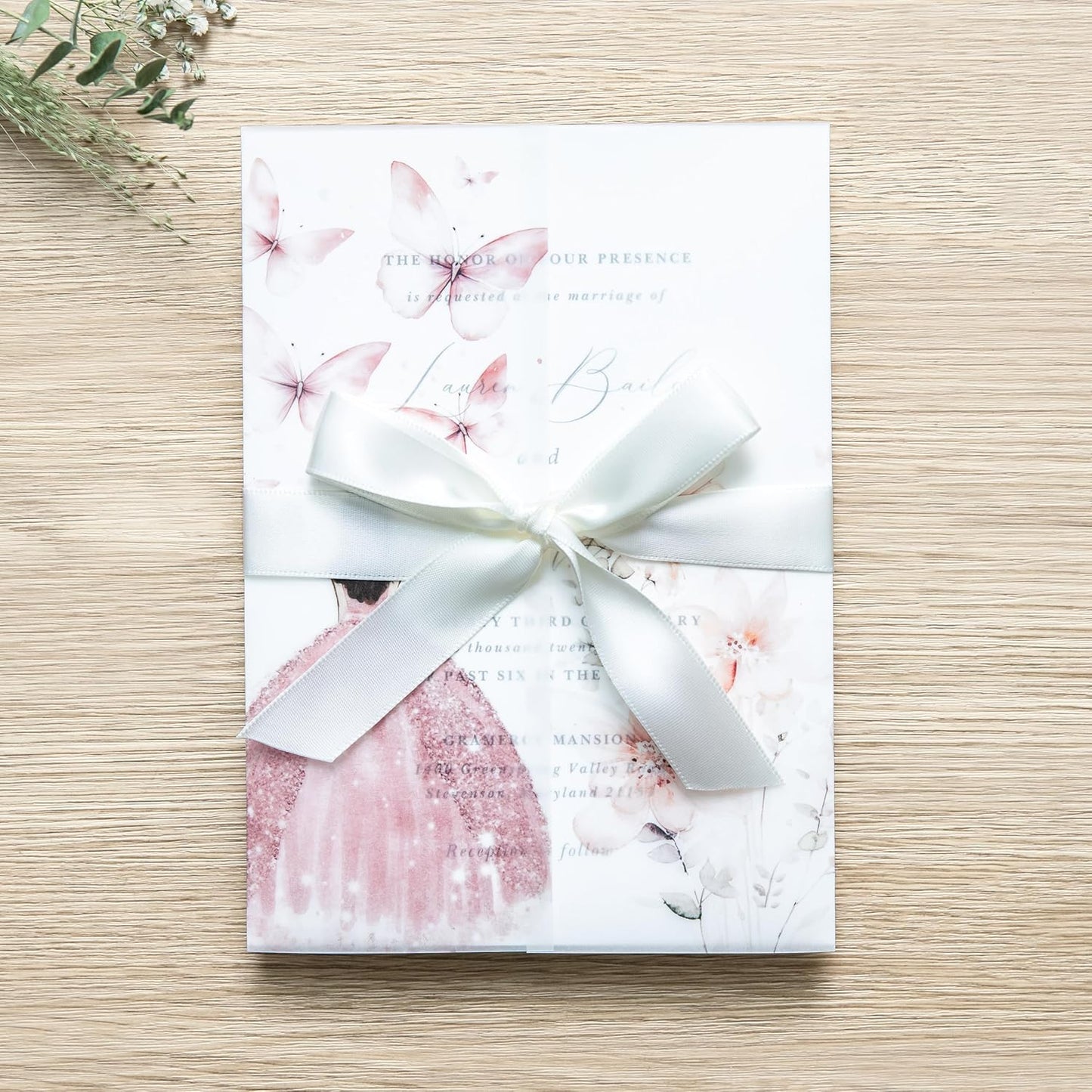 PONATIA 50 PCS Vellum Jackets for 5x7 Invitations - 135GSM Pink Girl Vellum Jacket Sleeves - Butterfly Quinceanera Invitations Wraps for XV Anos