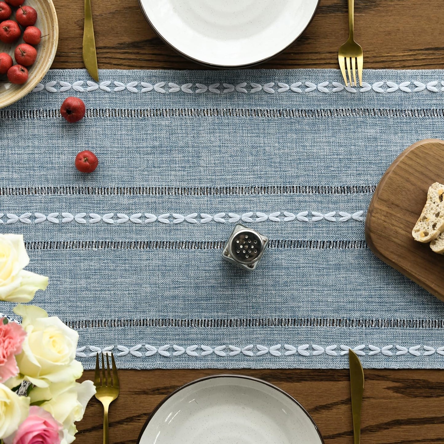 Artoid Mode Dusty Blue Cotton Linen Table Runner, Seasonal Rustic Embroidered Hollow Kitchen Dining Table Decoration for Home Party Decor 13x72 Inch