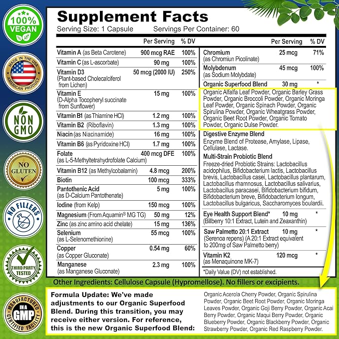 Men's Daily Multivitamin 50 Plus - Vegan Methylated Multivitamin for Men 50 and Over - Saw Palmetto, Biotin, Organic Superfoods, Lutein - Eye, Energy, Gut, Health Support - Easy to Swallow Capsules