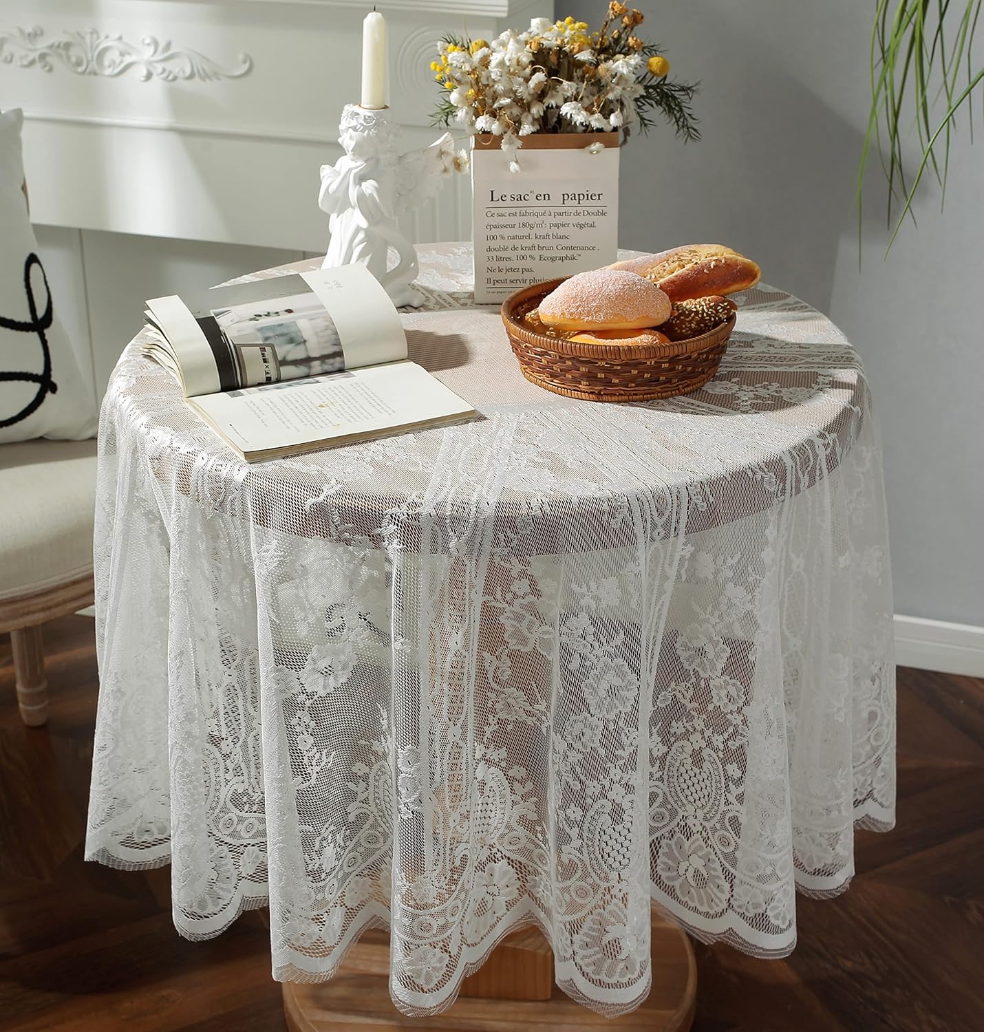 Gorgeous Round Lace Tablecloth,Vintage Floral Embroidered Table Cloths, Chic Round Table Cover for Wedding Banquet HolidayDinner Tables 60INCH (White)
