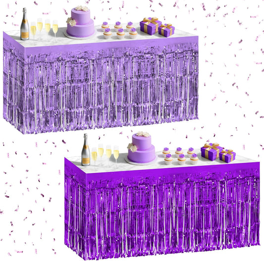 2 Pack Light Purple Dark Purple Table Skirts, 29x108" Metallic Foil Tinsel Fringe Table Skirt for Rectangle Tables Streamer Curtains Backdrop, Party Decorations for Birthdays, Weddings, Holidays