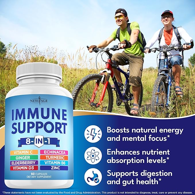 NEW AGE 8 in 1 Immune Support Booster Supplement with Echinacea, Vitamin C and Zinc 50mg, Vitamin D 5000 IU, Turmeric Curcumin & Ginger, B6, Elderberry 60 Count (Pack of 1)