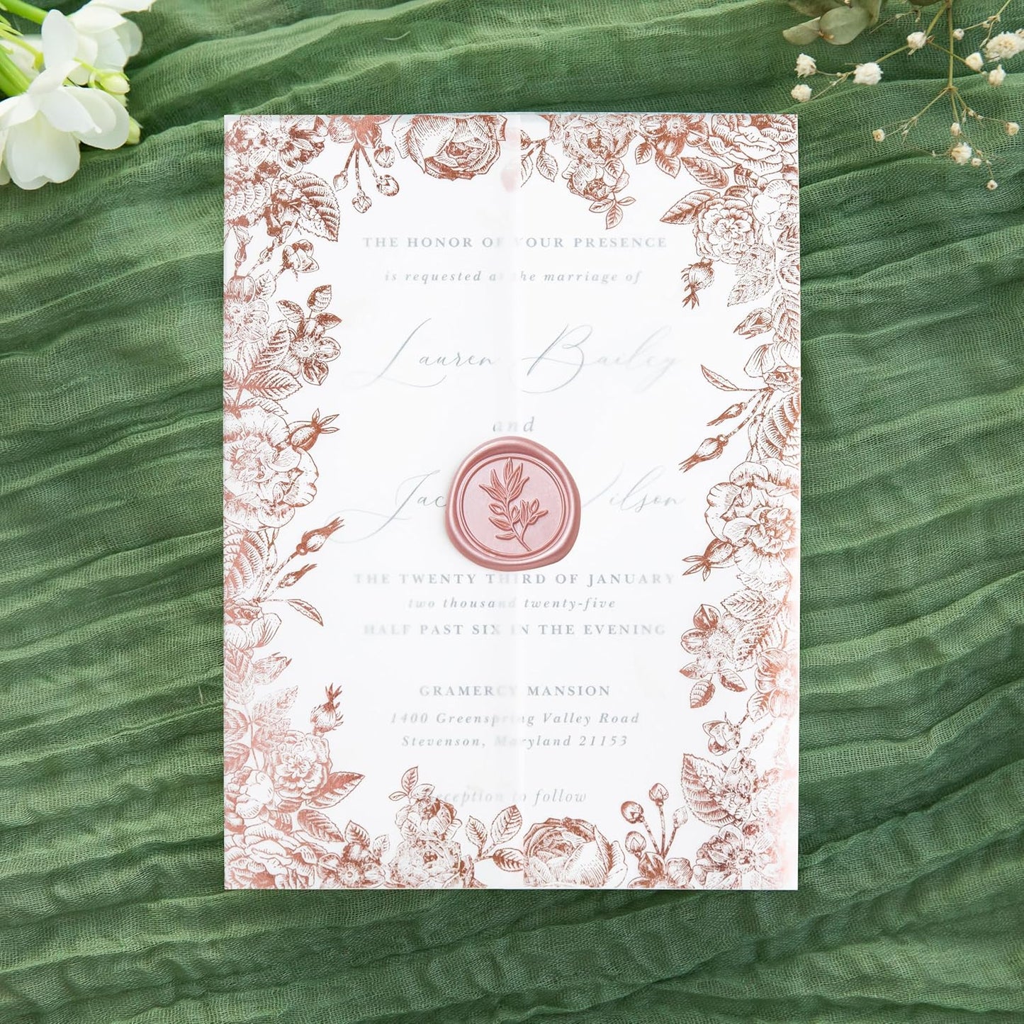 PONATIA 50 PCS Vellum Jackets for 5x7 Wedding Invitation Cards- 135gsm Floral Printed Vellum Sleeves, Invitation Cards Wraps (Rose Gold Foil)