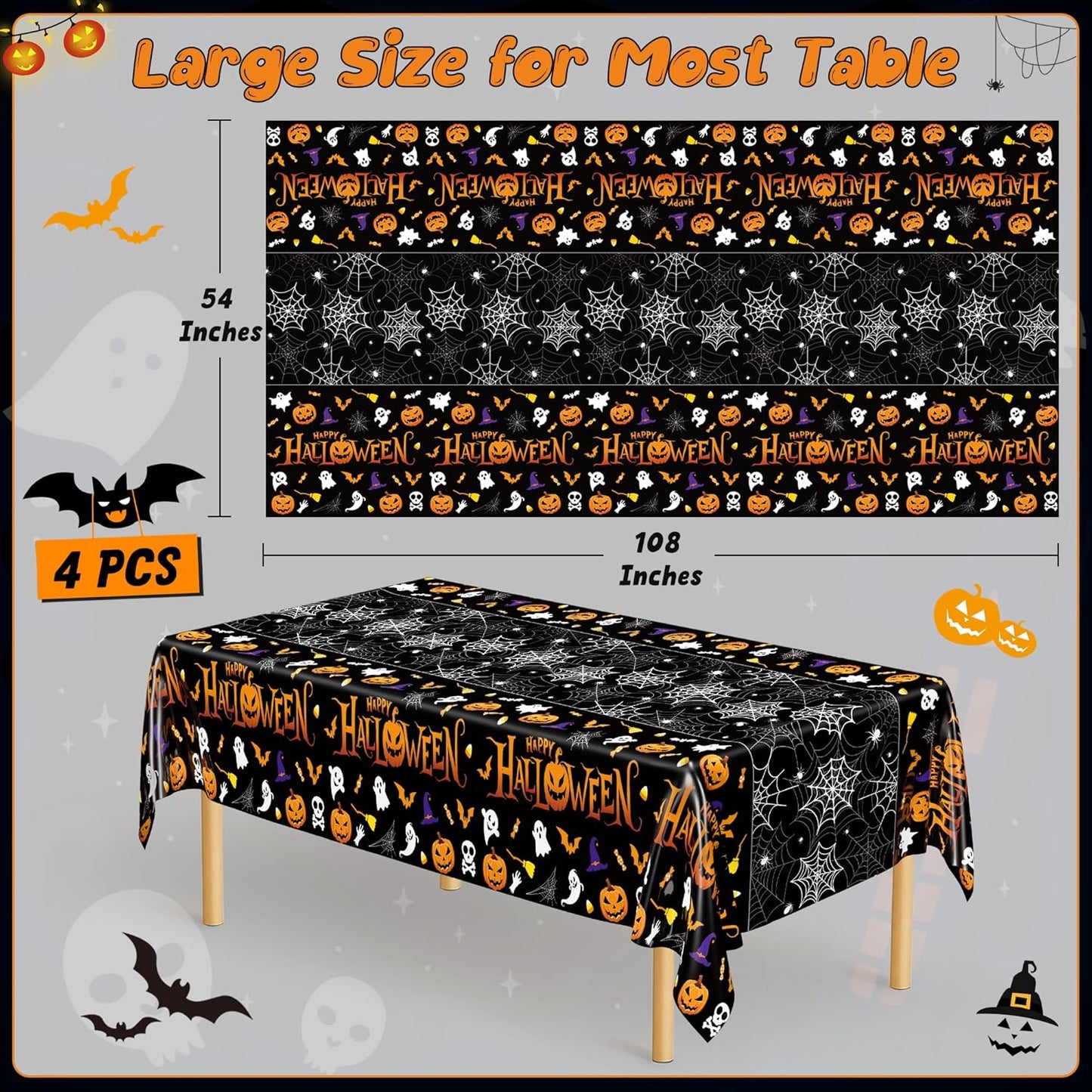 QZYL 4 Pack Halloween Tablecloth, 54" x 108" Halloween Decorations, Pumpkin Design Disposable Tablecover Plastic Table Cloth, Spider Webs Decorations Party Supplies Tableware Indoor