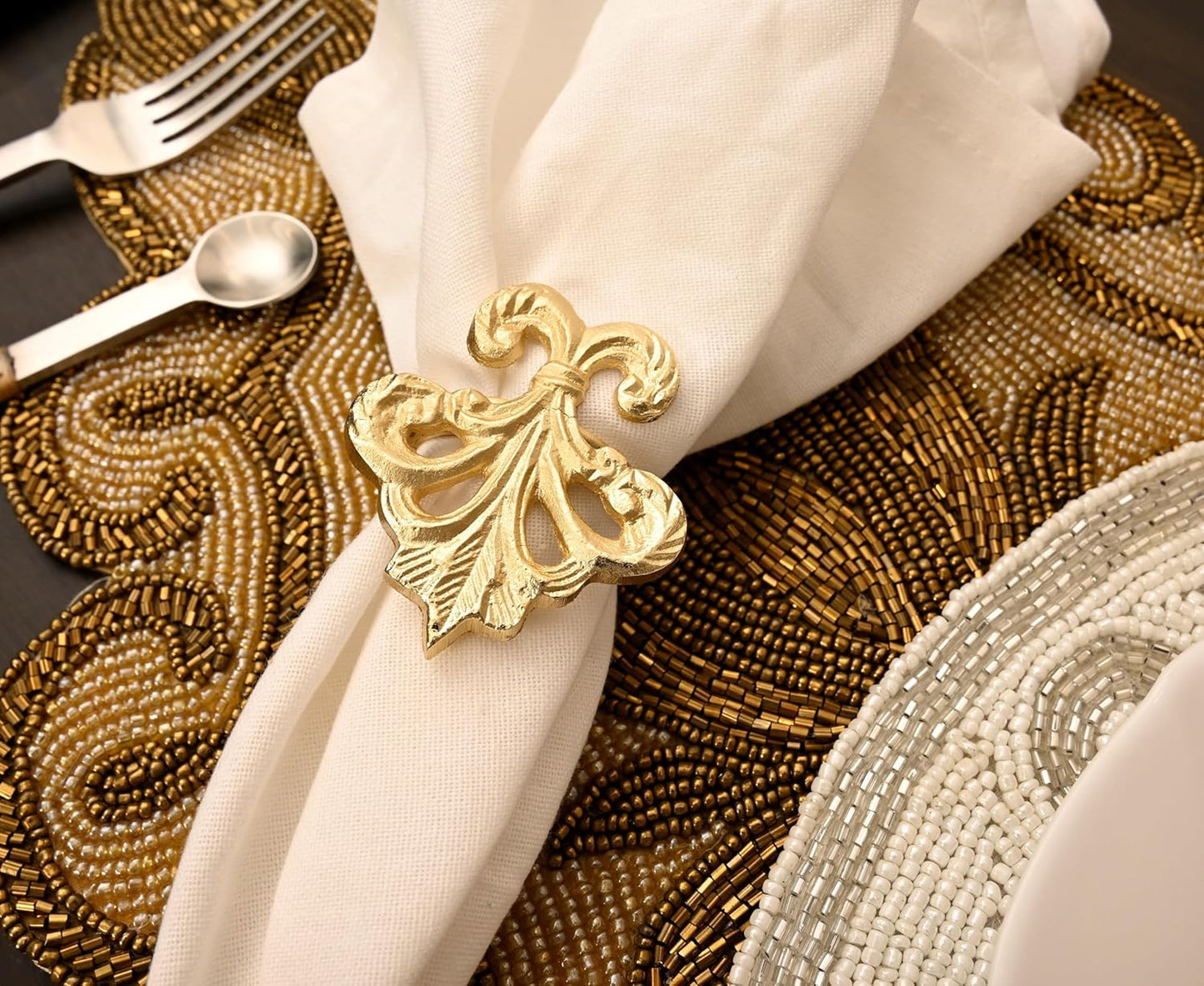 Lightweight Metal Napkin Rings Set of 12 - Fleur-de-Lis Napkin Holders for Dining Table, Weddings, and Special Events - Elegant Table Décor for Home & Restaurants (Gold) - CLEENTABLE