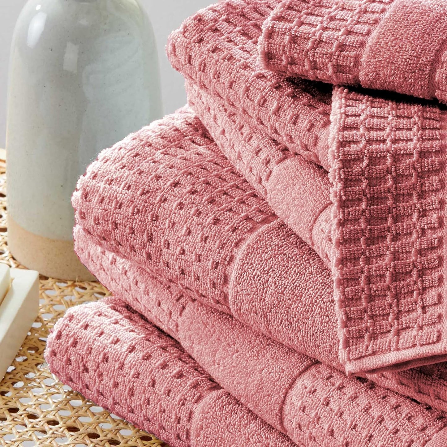 100% Cotton Super Soft Luxury Bath Towel Set | Quick-Dry and Highly Absorbent | Waffle Textured | 550 GSM | Includes 4 Bath Towels | Harper Collection (Rose)