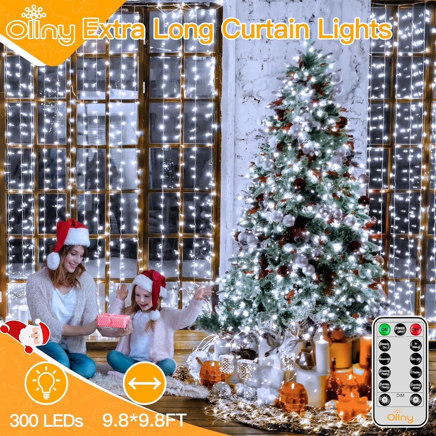 Ollny 300 LED 9.8ftx9.8ft Outdoor Waterproof Christmas Curtain Lights with Remote Timer 8 Modes, USB Powered, Cool White