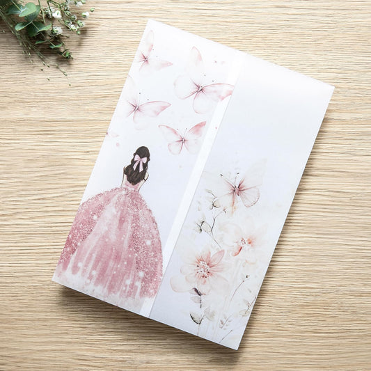 PONATIA 50 PCS Vellum Jackets for 5x7 Invitations - 135GSM Pink Girl Vellum Jacket Sleeves - Butterfly Quinceanera Invitations Wraps for XV Anos