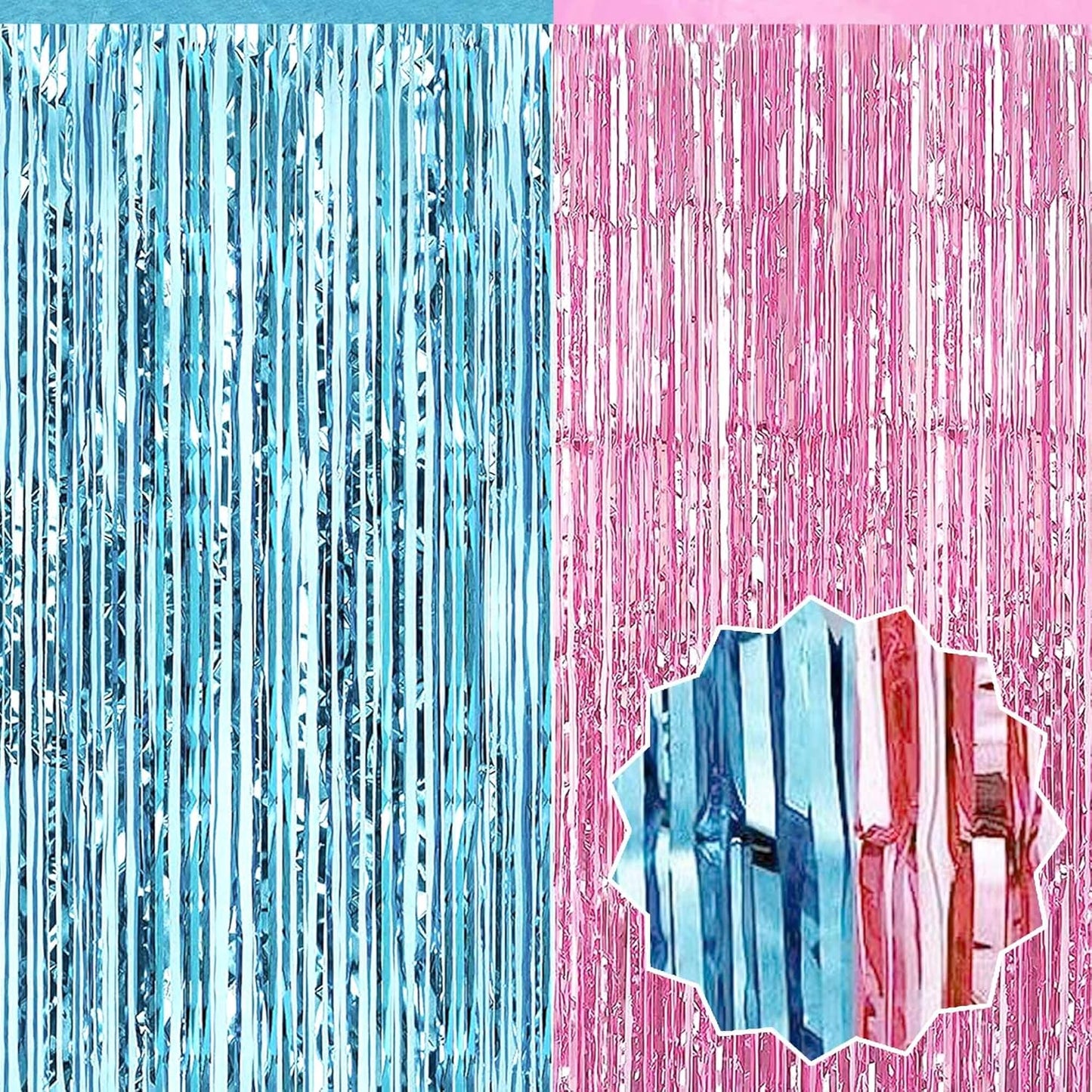 6 Pack Pink Blue Foil Fringe Curtains Backdrop, 3.28 x 8.2 Ft Metallic Streamers Tinsel Curtains Background for Photo Booth, Birthday, Weddings, Carnivals, Graduation, Themed Party Decorations