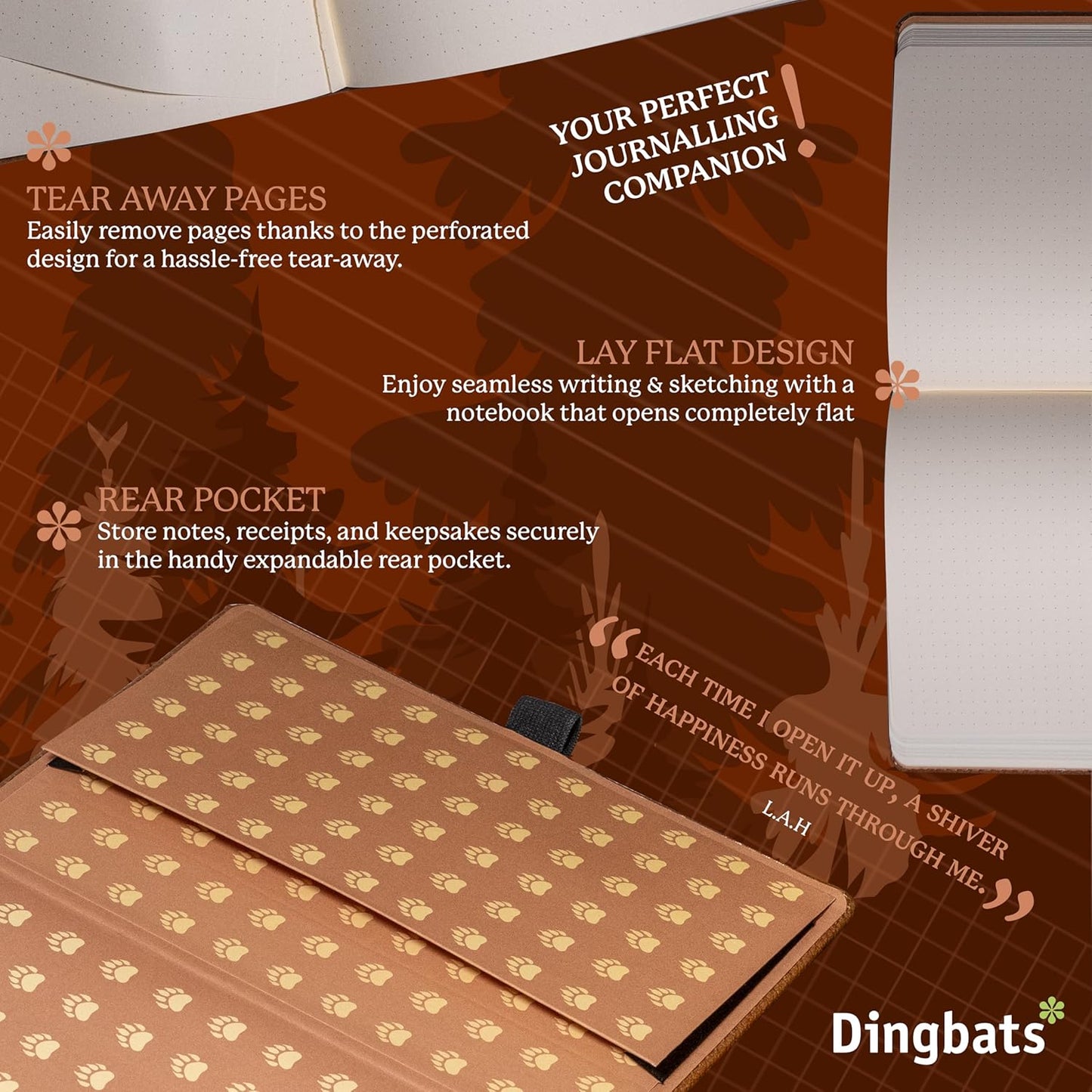 Dingbats* Wildlife Grid Writing Journal Notebook A5 - Vegan Leather Hardcover - Ideal for Work, Travel - Pocket, Elastic Closure, & Bookmark