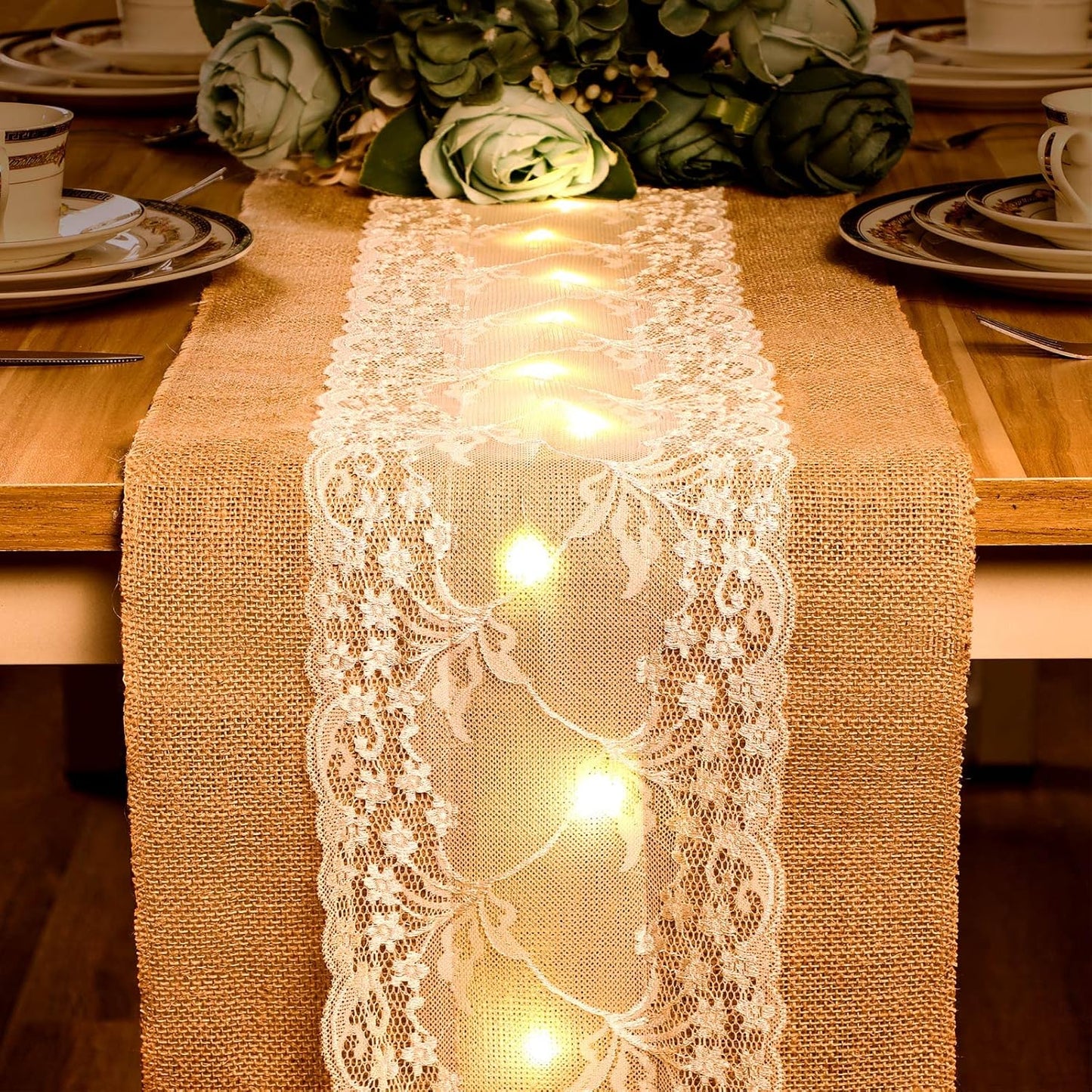 Burlap Table Runner with LED String Lights Rustic 12" x 108" Christmas Tablecloth Lighted Table Runner Farmhouse Decor for Wedding Bridal Shower Xmas Holiday