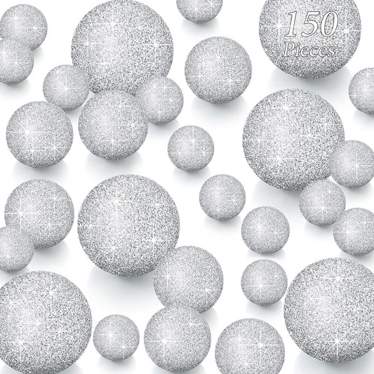 150 Pieces Vase Filler Faux Pearls Vase Makeup Beads No Hole Gloss Bead Mixed Sizes Round Pearl for Home Party Wedding Decor, 8/14/20 mm(Glitter Silver)