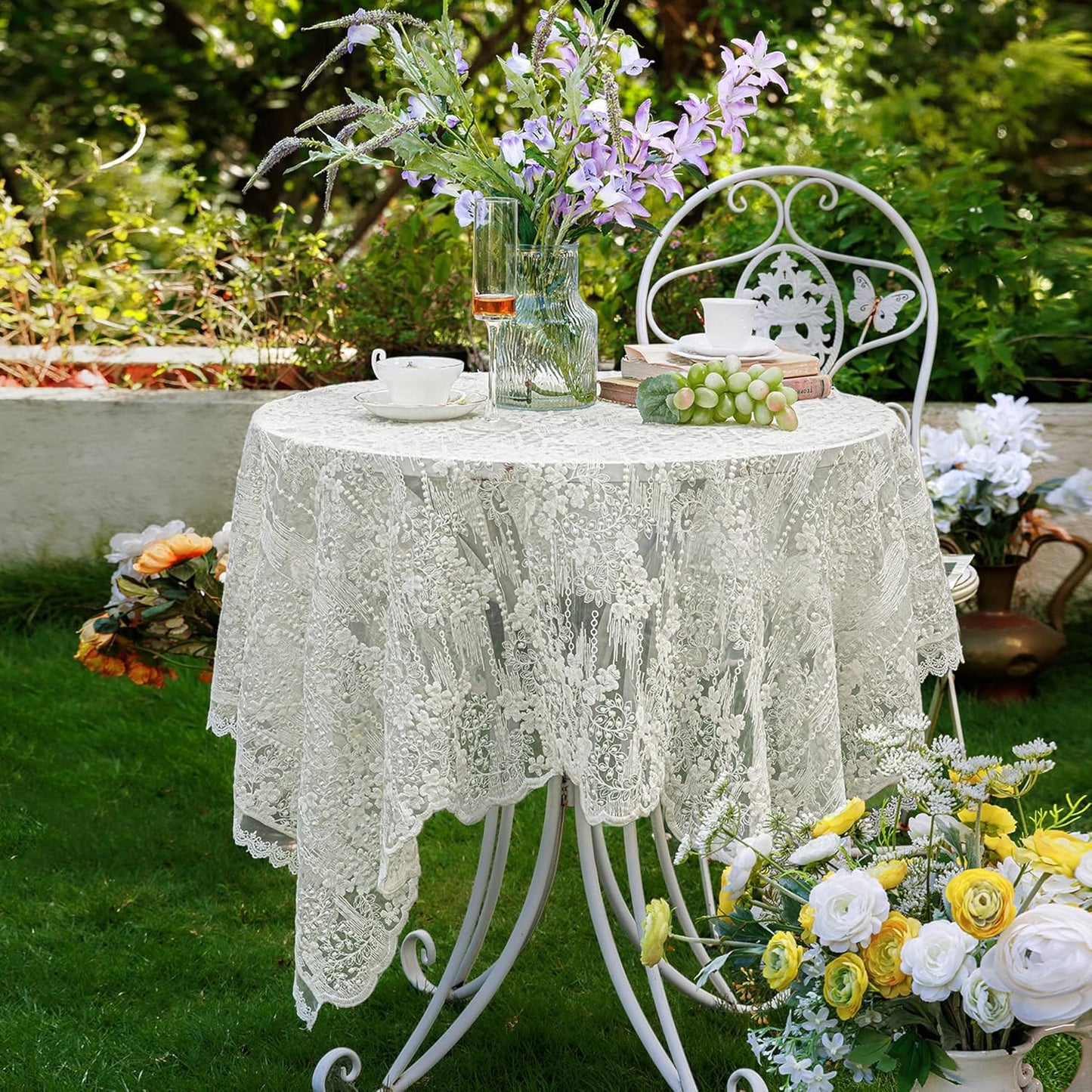Lace Embroidered Tablecloth. Square Lace Vintage Tablecloth Dustproof Table Protector for Kitchen Dining Room Party Banquet Home Picnic Wedding Decoration (Creamy White 35.5×53 inch)