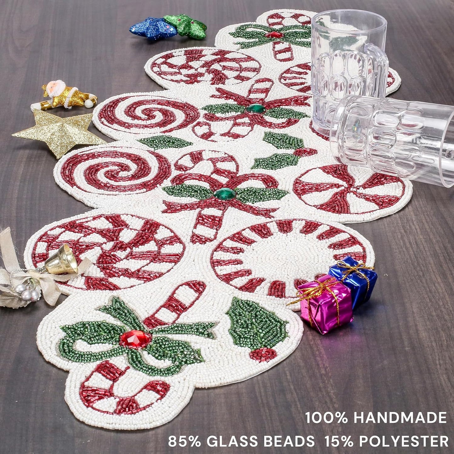 CLEENTABLE Handcrafted Beaded Table Runner – 36"x13" Art Deco Home Decor & Luxury Dinner Table Centerpiece in Vibrant Cherry Reddish with 85% Glass Beads, Durable Polyester Backing