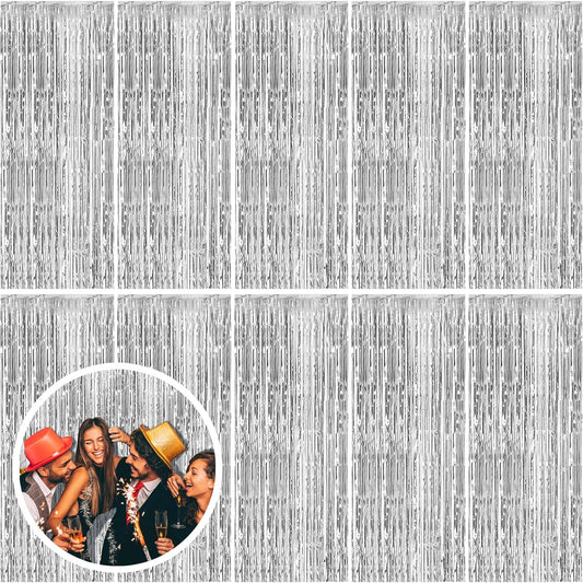 10 Pack Silver Backdrop Curtain Party Decorations Foil Fringe Backdrop Silver Tinsel Streamers Birthday Bachelorette New Year Christmas Wedding Baby Shower Disco Party Decorations