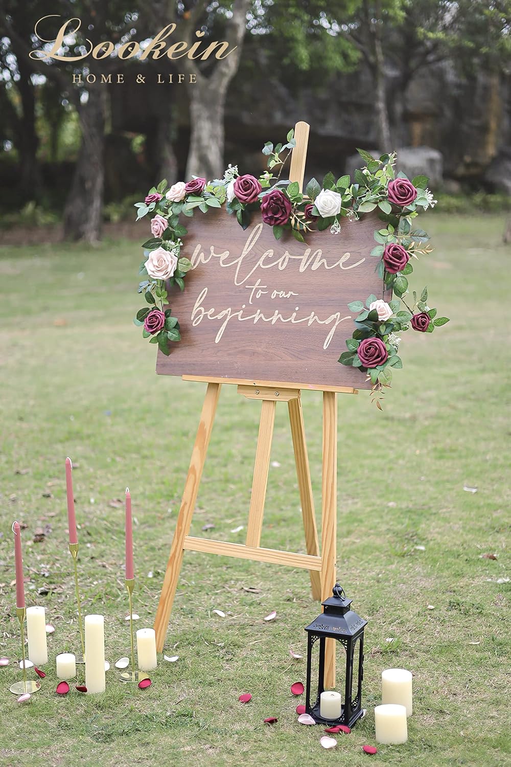 Lookein Artificial Rose Flower Garland Greenery Garland 5FT for Wedding Ceremony Backdrop Arch Flowers Table Centerpieces Decorations, Burgundy
