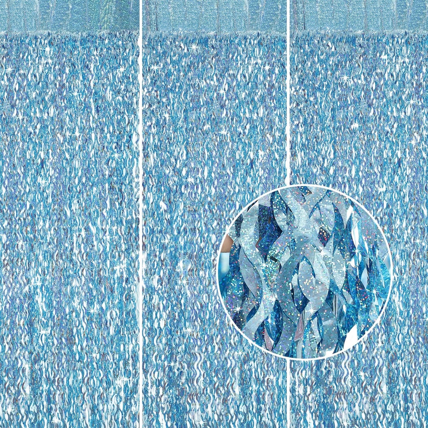 3 Pack 3.3 ft x 6.6 ft Tinsel Foil Fringe Curtain Blue - Foil Fringe Backdrop Wall Curtains for Baby Shower,Mermaid,Under The Sea,Ocean,Frozen Party Decorations