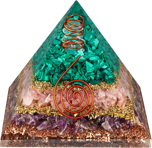 Chakra Healing Crystal Pyramid, Unique Birthday Gifts for Womens, Mom, Love One, Amethyst Green Aventurine Orgonite Orgone Pyramid for Meditation, Balance, Positive Energy, Success, Office Desk Decor