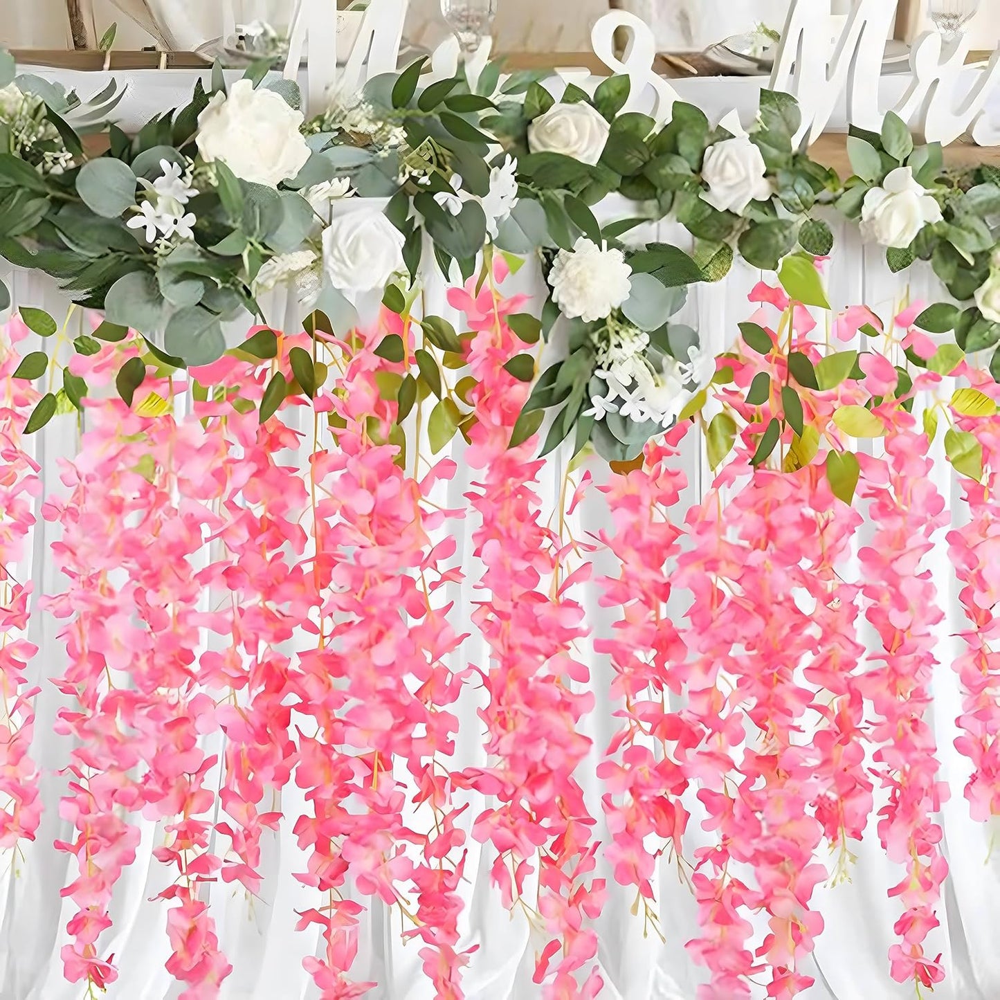 24 Pack Dark Pink Wisteria Hanging Flowers Garland, 3.77 Feet Artificial Flower Vines, Fake Wisteria, Artificial Vines Hanging Garland for Backdrop Outdoor Yard Garden Decor