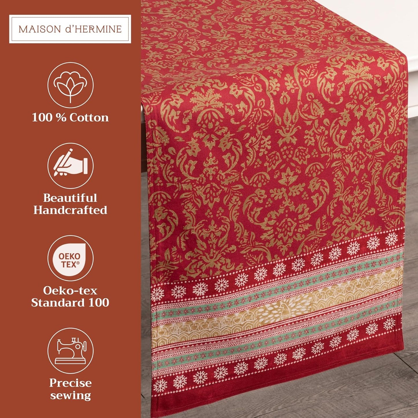 Maison d' Hermine Table Runner 100% Cotton Double Layer Table Runners 108 inches Long for Thanksgiving Christmas Decorations Home Kitchen Dining Party Wedding (Sofia, 14.5" x 108")