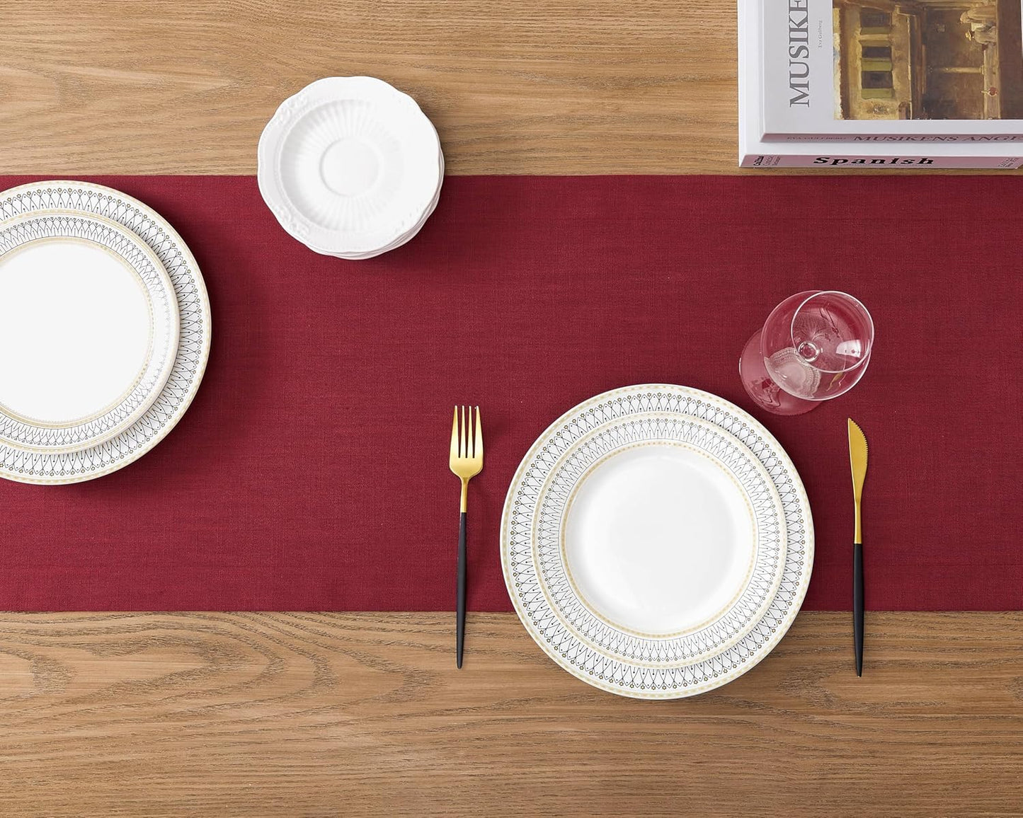 ZeeMart Linen Textured Border Table Runner, 14 x 48 Inch Red, Farmhouse Style Red Table Runners 48 Inches Long, Easy Care Everyday Polyester Table Runner