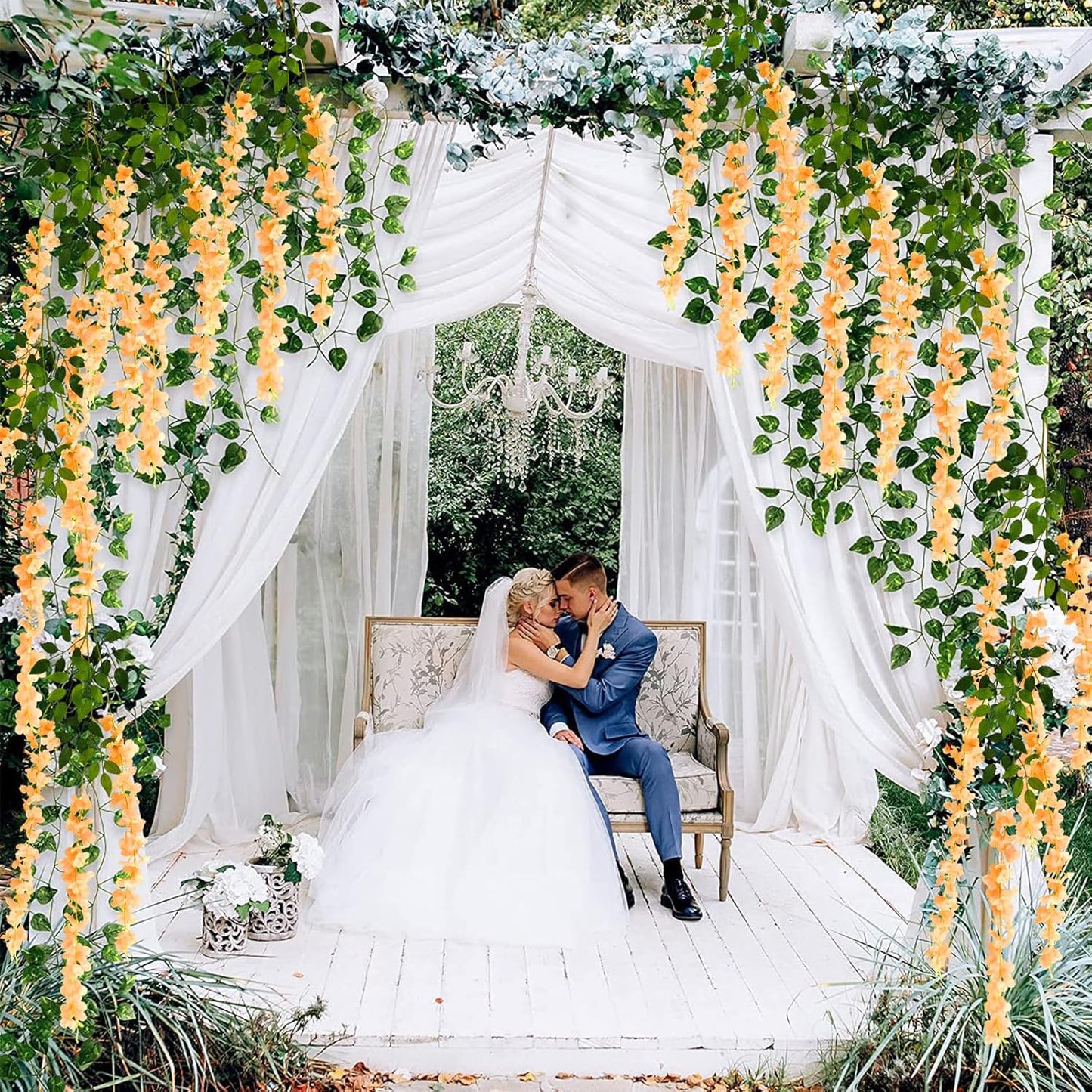 24 Pack Orange Wisteria Hanging Flowers Garland, 3.77 Feet Artificial Flower Vines, Fake Wisteria, Artificial Vines Hanging Garland for Backdrop Outdoor Yard Garden Decor