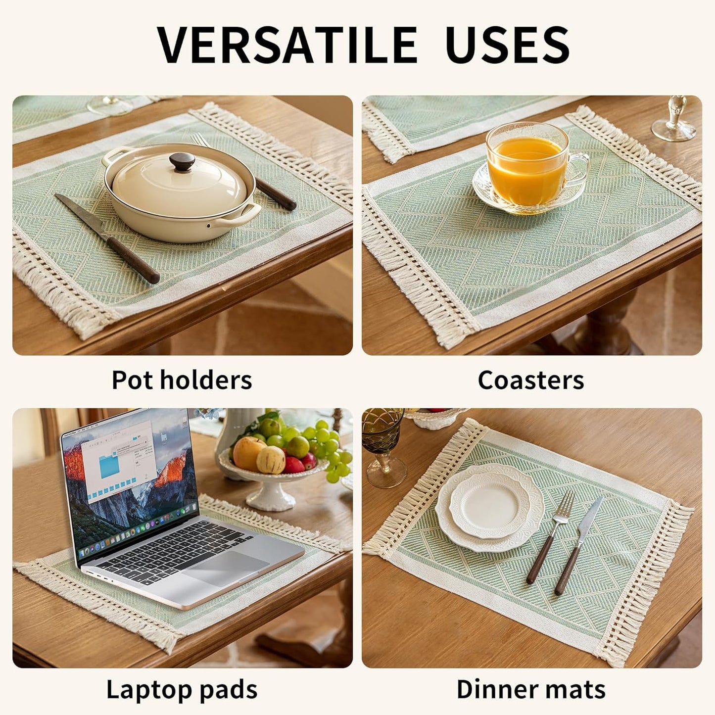 Placemats Set of 4,Waterproof Placemat with Tassel Fringe,Boho Placemats for Coffee Table Western Restaurant