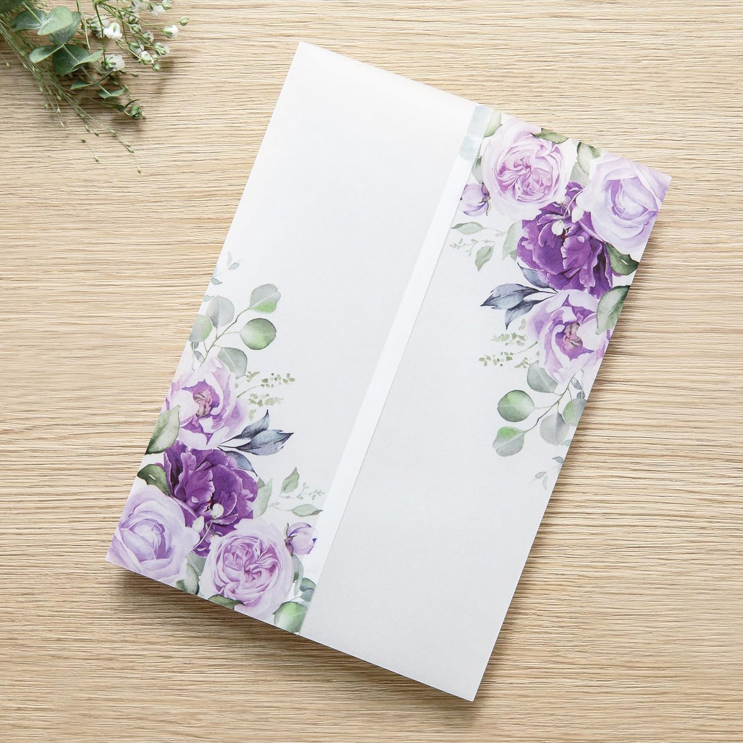 PONATIA 50 PCS Purple Vellum Jackets for 5x7 Invitation Cards- 135GSM Lilac Floral Printed Vellum Sleeves, Quinceanera Wedding Invitation Cards Wraps, Transparent Christmas Gift Cards Jackets