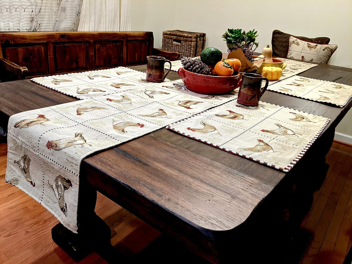 Tache Farmhouse Rooster Table Runner 90 inches Long Country Hens Chickens Antique Vintage Traditional Home Decorative Woven Tapestry Long Kitchen Dining Table Runners, 13x90