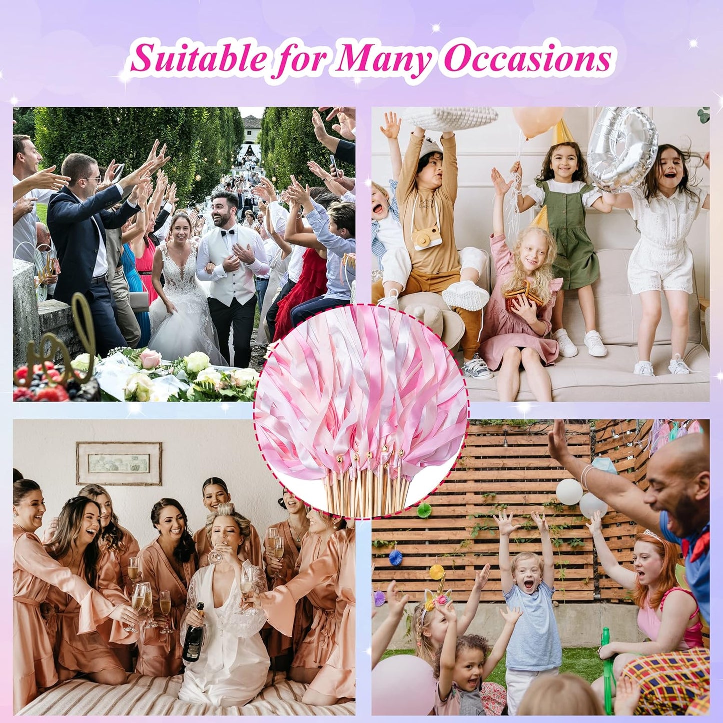 60 Pieces Wedding Colorful Ribbon with Bells, Party Ribbons Streamers Sticks Magic Wish Fairy Wand for Wedding Party Holiday Activities Favors (Pink-60)