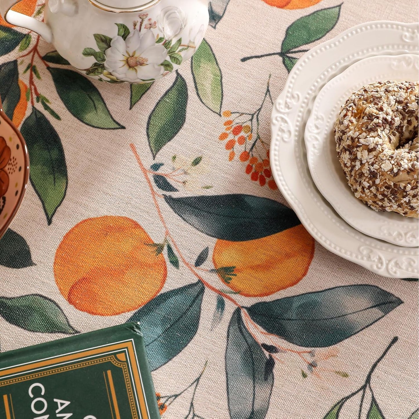 patdrea Designer Linen Small Round Table Cloth,Vintage Framhouse Oranges and Leaves Pattern Tablecloth,Decor Table Cover for Kitchen Dining Christmas,Thanksgiving,Party,Diameter 55"-Palladin a