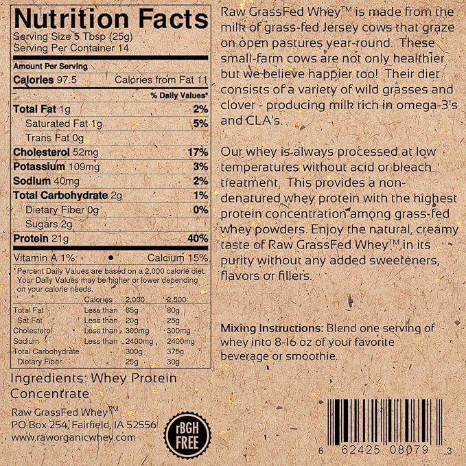 Raw Grass Fed Whey Protein Powder – Unflavored, Only 1 Ingredient: 100% Pure Grass-Fed Whey from Happy, Healthy Cows – Undenatured, Non-GMO, Hormone-Free, Gluten-Free, Made in USA, 12 OZ