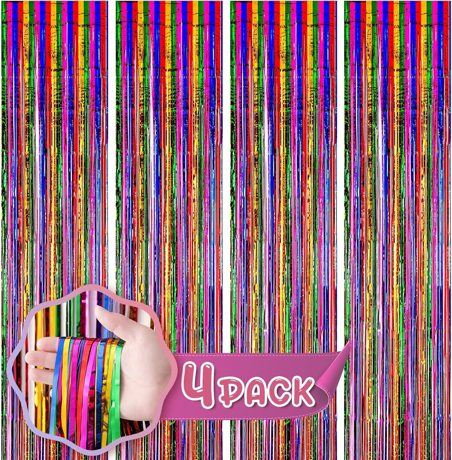 4 Pack 3.3x8.2 Feet Rainbow Foil Fringe Backdrop Curtains, Tinsel Streamers Birthday Party Decorations, Fringe Backdrop for Graduation, Baby Shower, Gender Reveal, Disco Party