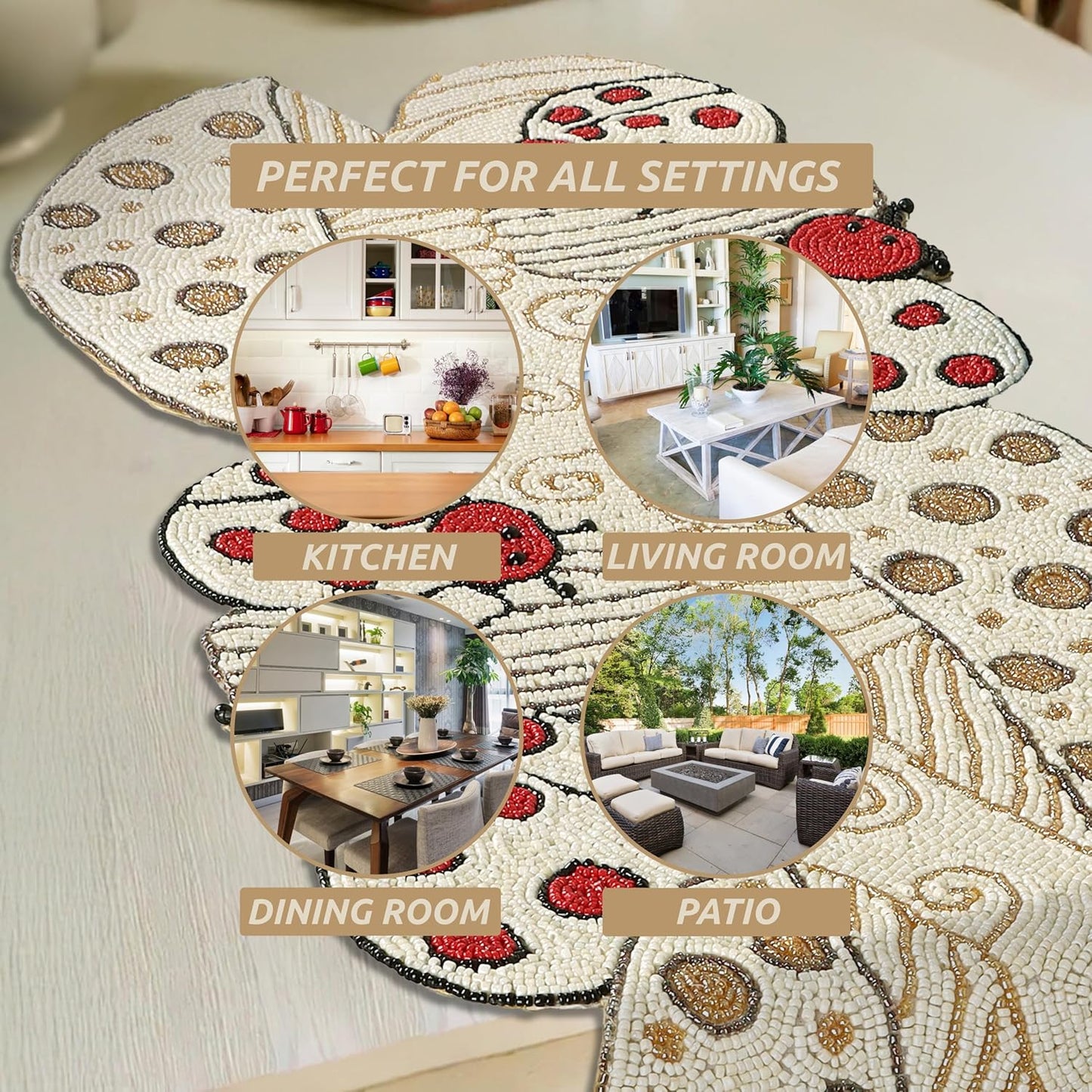 Beaded Table Runner Decorative Glitz Table Runner - 13x36” Handcrafted Runner for Winter Holiday, Kitchen, Dining Table, Spring Décor, Dining Table, Coffee Table or Entryway (Red Ivory) - CLEENTABLE