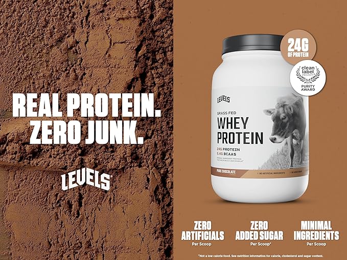 Levels Grass Fed Whey Protein Powder, No Artificials, 24G of Protein, Pure Chocolate, 2LB