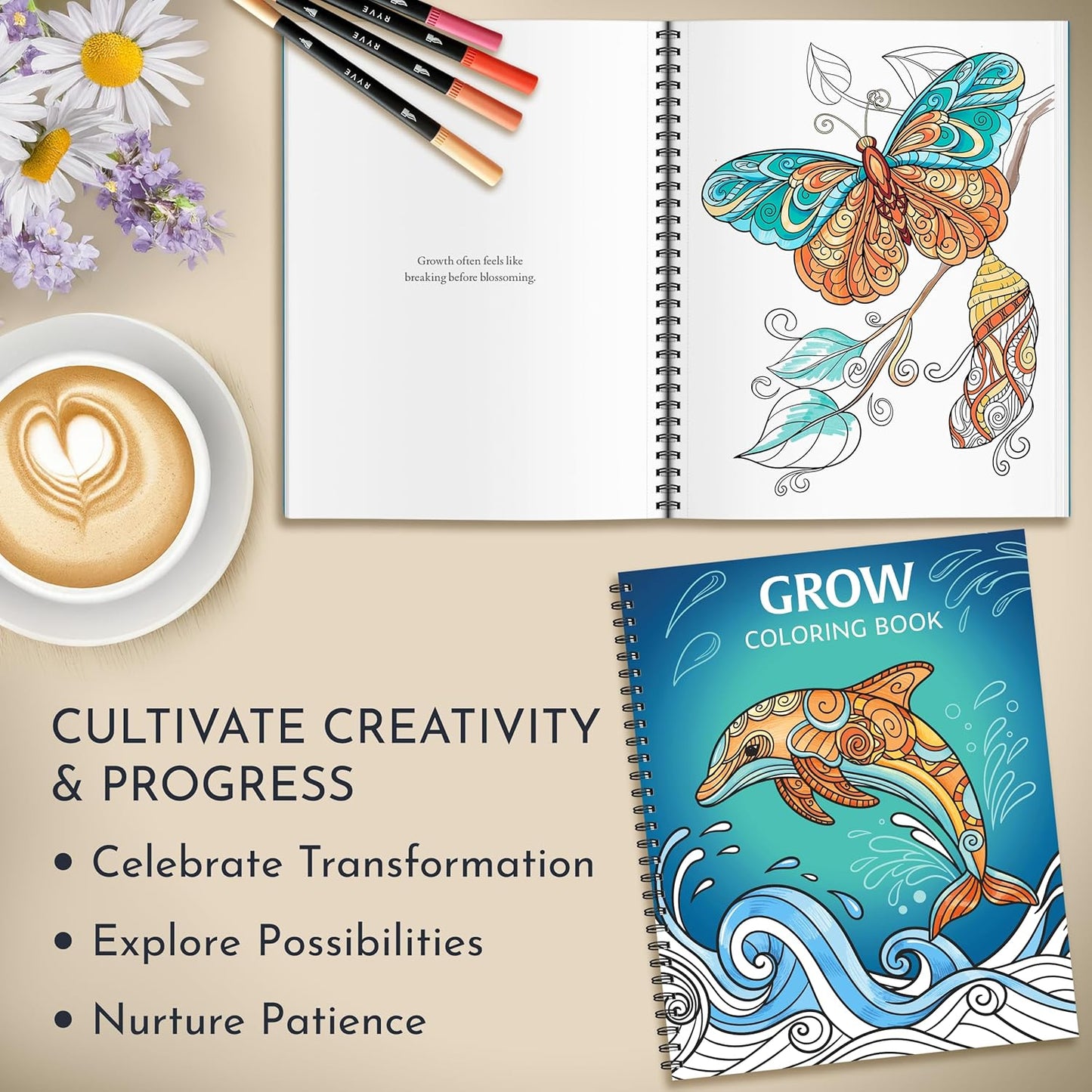 RYVE Coloring Books for Adults Relaxation - Set of 3 Stress Relief Coloring Book with Inspiring Quotes, Adult Coloring Book for Women, Easy Coloring Books for Adults, Stress Relief Gifts for Women