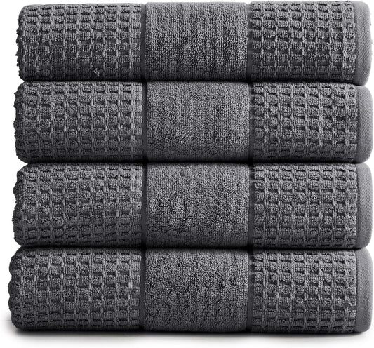 100% Cotton Super Soft Luxury Bath Towel Set | Quick-Dry and Highly Absorbent | Waffle Textured | 550 GSM | Includes 4 Bath Towels | Harper Collection (Dark Grey)