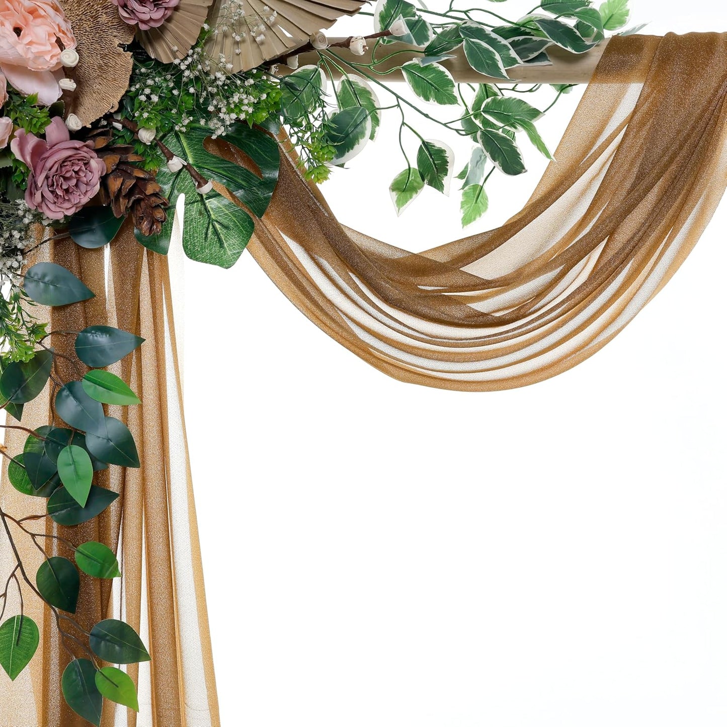 VDS Pack of 4 Panel (30 Inch X 20 Feet) Wedding Arch Draping Fabric Sheer Chiffon Fabric Drapery for Wedding Ceremony Reception Swag Backdrop Canopy Chuppah ARBO Altars Decoration (Mocha)