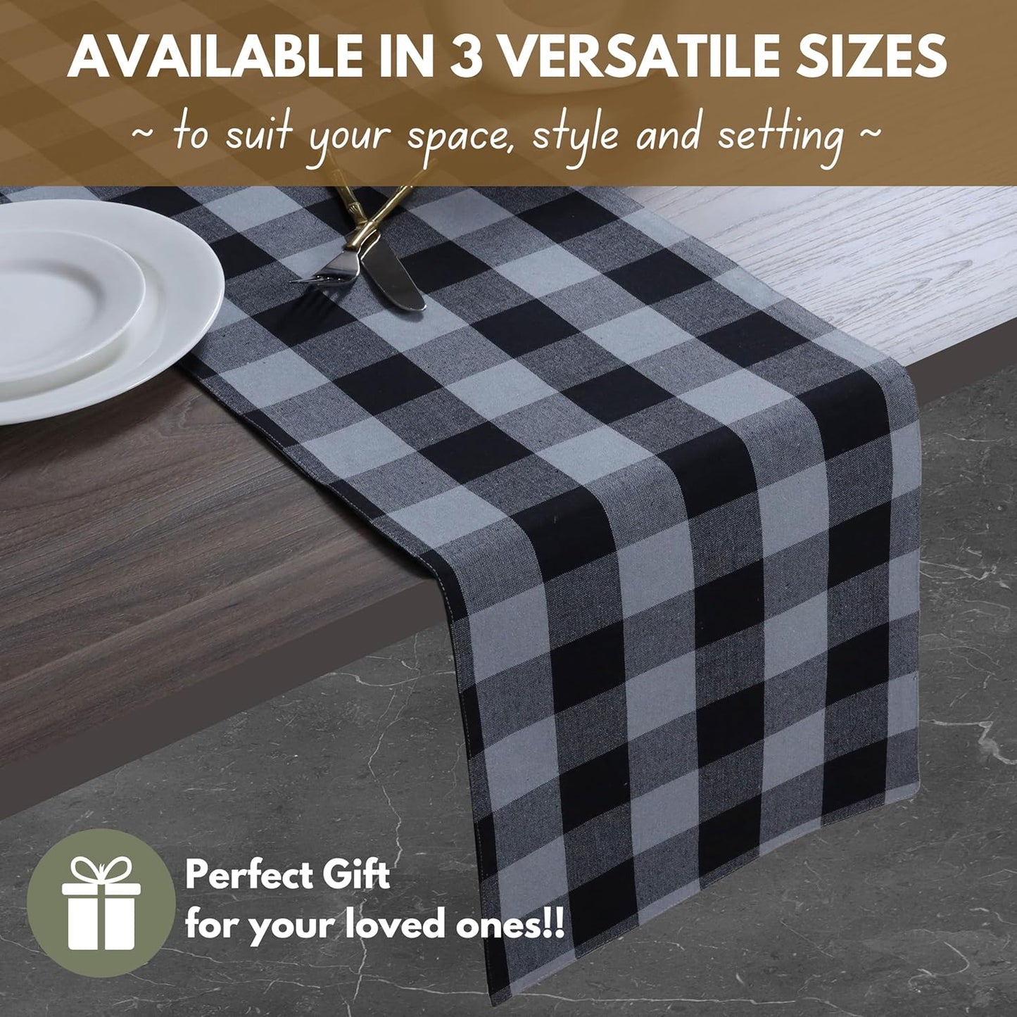 Native Fab Table Runner Buffalo Check Plaid 100% Cotton - 13x108 Inches Kitchen Dining Table Decoration for Indoor Outdoor Farmhouse Home Party Decor - Black, Grey