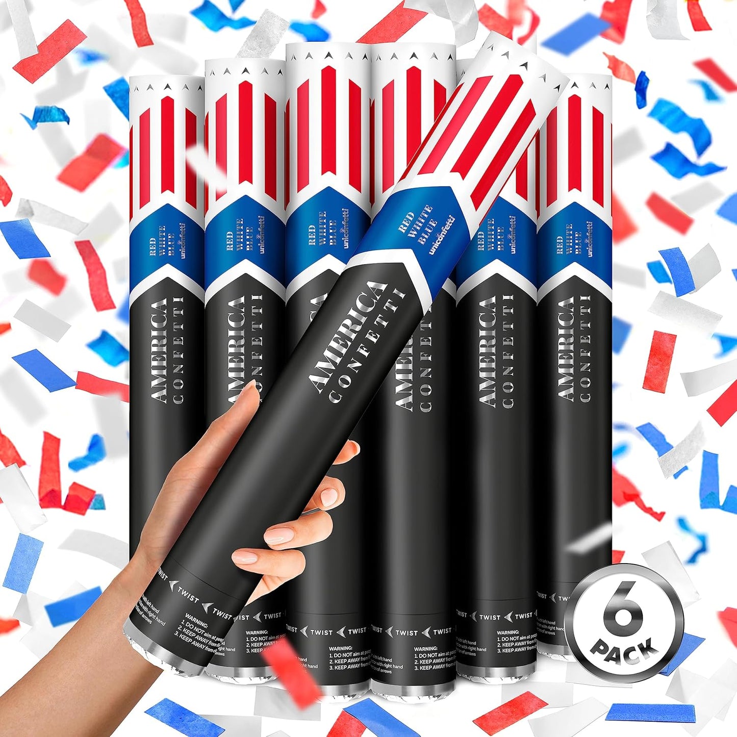 16" America Confetti Cannons | Red White & Blue Confetti Poppers [6 Pack] Biodegradable Paper, Party Poppers for Independence Day/July 4th, Patriotic Events, Conventions or Decorations, Loud Pop