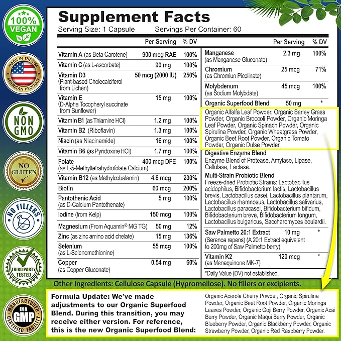 Men's Daily Multivitamin – Vegan Methylated Multivitamin for Men with Saw Palmetto, Biotin, Organic Superfoods, Probiotics & Enzymes – Energy, Gut & Optimal Health Support – Easy to Swallow Capsules