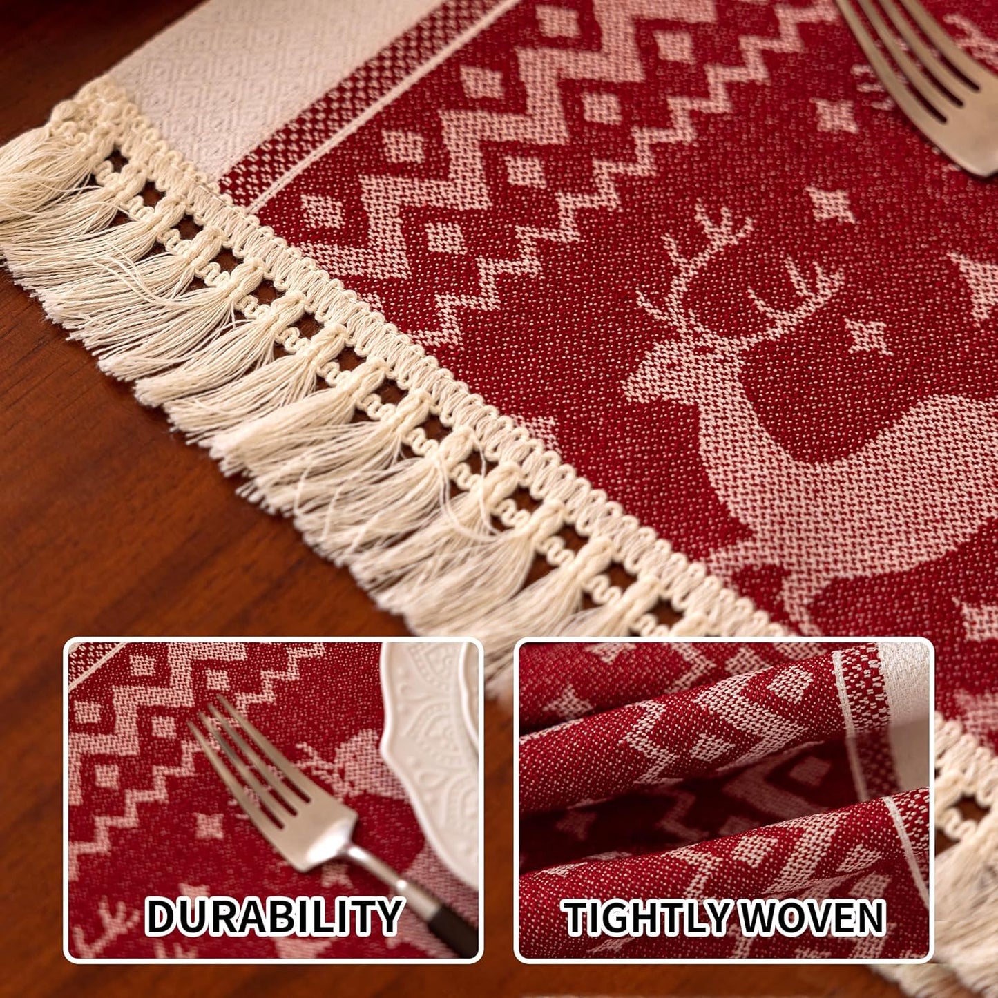 Placemats Set of 4,Elk Placemat with Tassel Fringe,Christmas Placemats for Coffee Table Western Restaurant