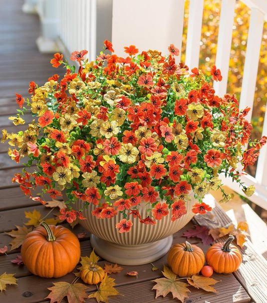 HyeFlora Artificial Fall Flowers Faux Mums for Outdoor Indoor Garden Home Decoration, Faux Flower Daisy with Eucalyptus Leaves Fake Mums Plants Greenery Boxwood Porch Patio, 12 Bundles (OrangeYellow)